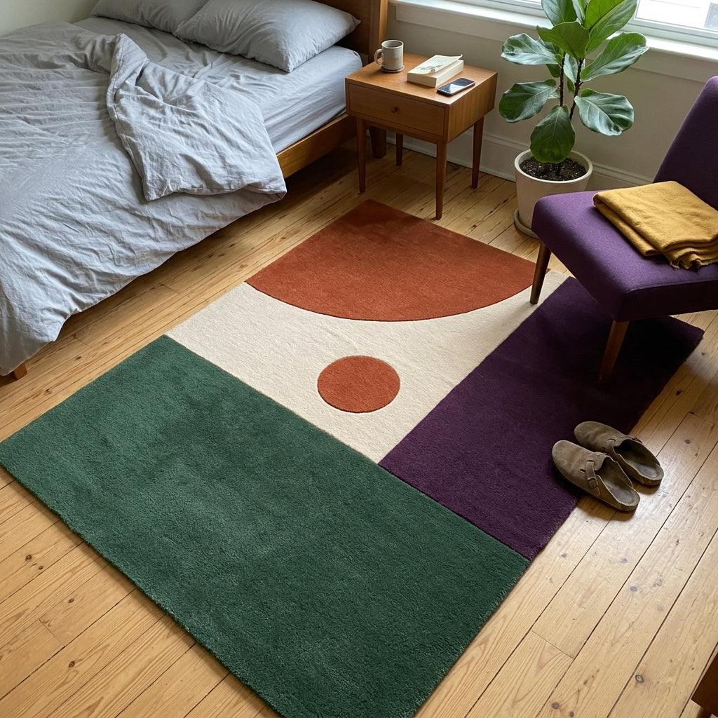 Color Block Rug in forest green, plum, rust orange and cream wool, with bold geometric panels and a circle