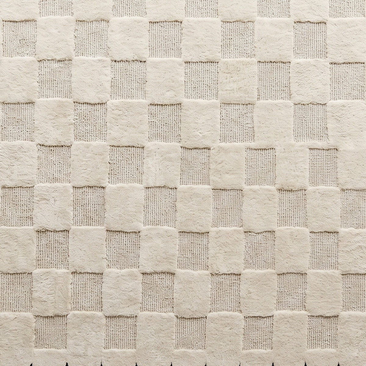 Cream & Black Checkered hand-tufted wool rug with a raised ivory checkerboard and alternating plush and looped textures
