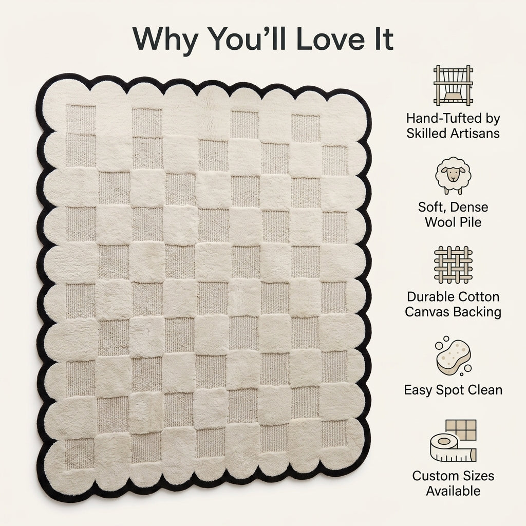 Cream & Black Checkered hand-tufted wool rug with a textured cream checkerboard and bold black scalloped border.
