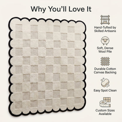 Cream & Black Checkered hand-tufted wool rug with a textured cream checkerboard and bold black scalloped border.