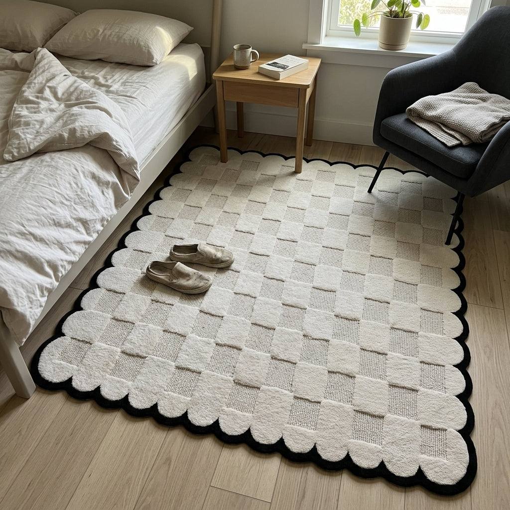 Cream & Black Checkered wool rug with a textured ivory checkerboard, plush carved squares and bold black scalloped edge.