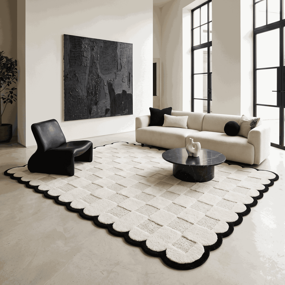Cream & Black Checkered wool rug with a carved square pattern and bold black scalloped border