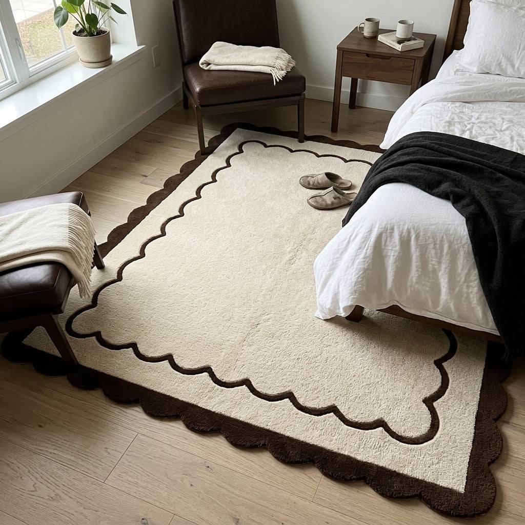 Hand-tufted wool rug, Cream & Chocolate Scalloped Border, with a plush ivory field and wavy brown edges.