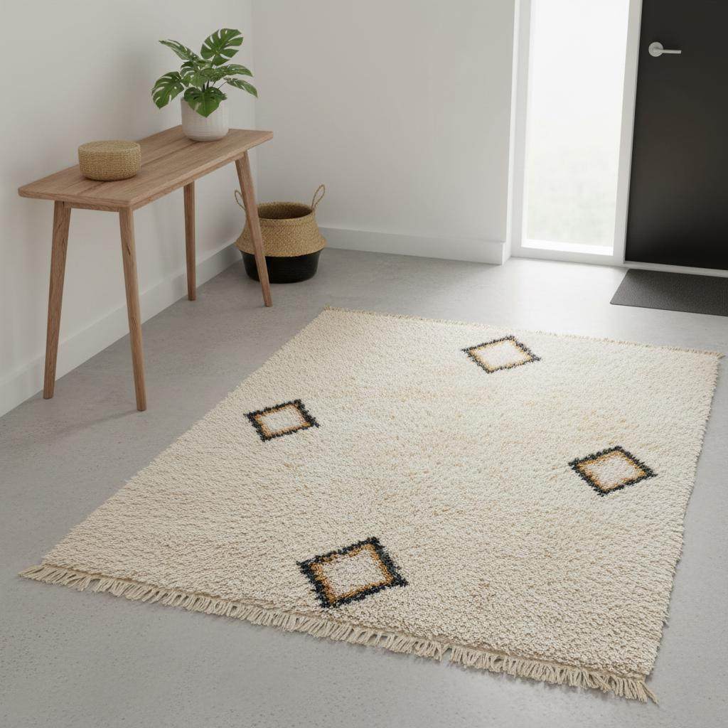 Cream Wool Beni Ourain Rug with Moroccan diamond shag pattern in soft cream tone for boho and modern decor