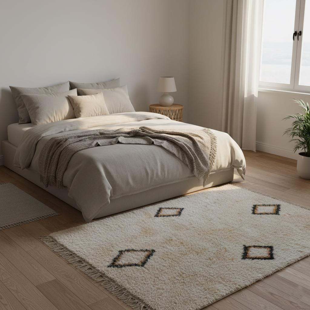 Cream wool Beni Ourain rug with Moroccan diamond shag design for modern boho decor