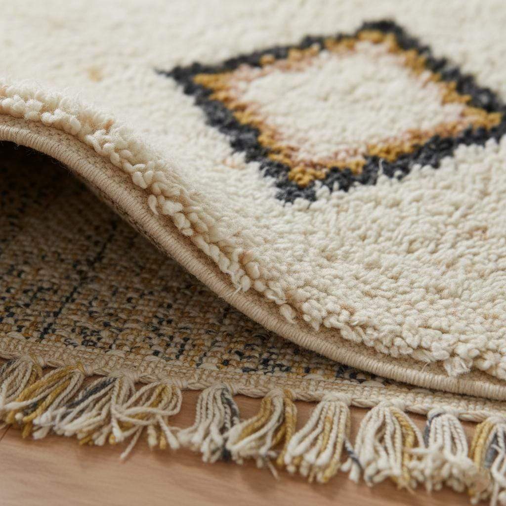Cream wool Beni Ourain rug with Moroccan diamond shag pattern for boho and modern decor