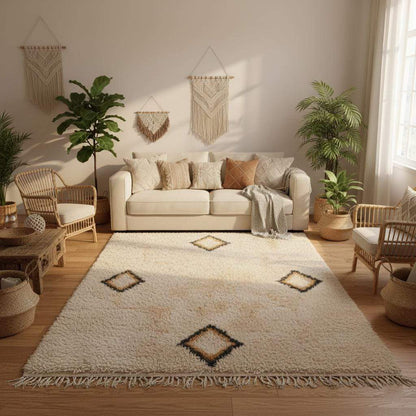 Cream Wool Beni Ourain Rug with Moroccan diamond shag pattern in soft cream tone for boho and modern decor