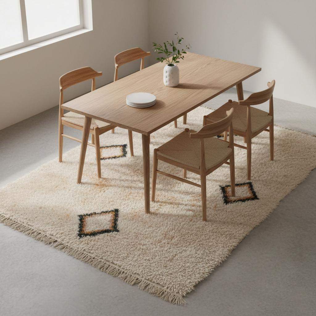Cream wool Beni Ourain rug with Moroccan diamond shag pattern and boho decor in neutral cream tone