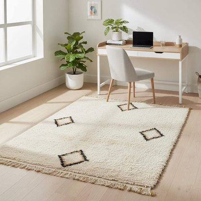 Cream Wool Beni Ourain Rug with Moroccan diamond shag pattern in neutral cream tone for boho and minimalist decor