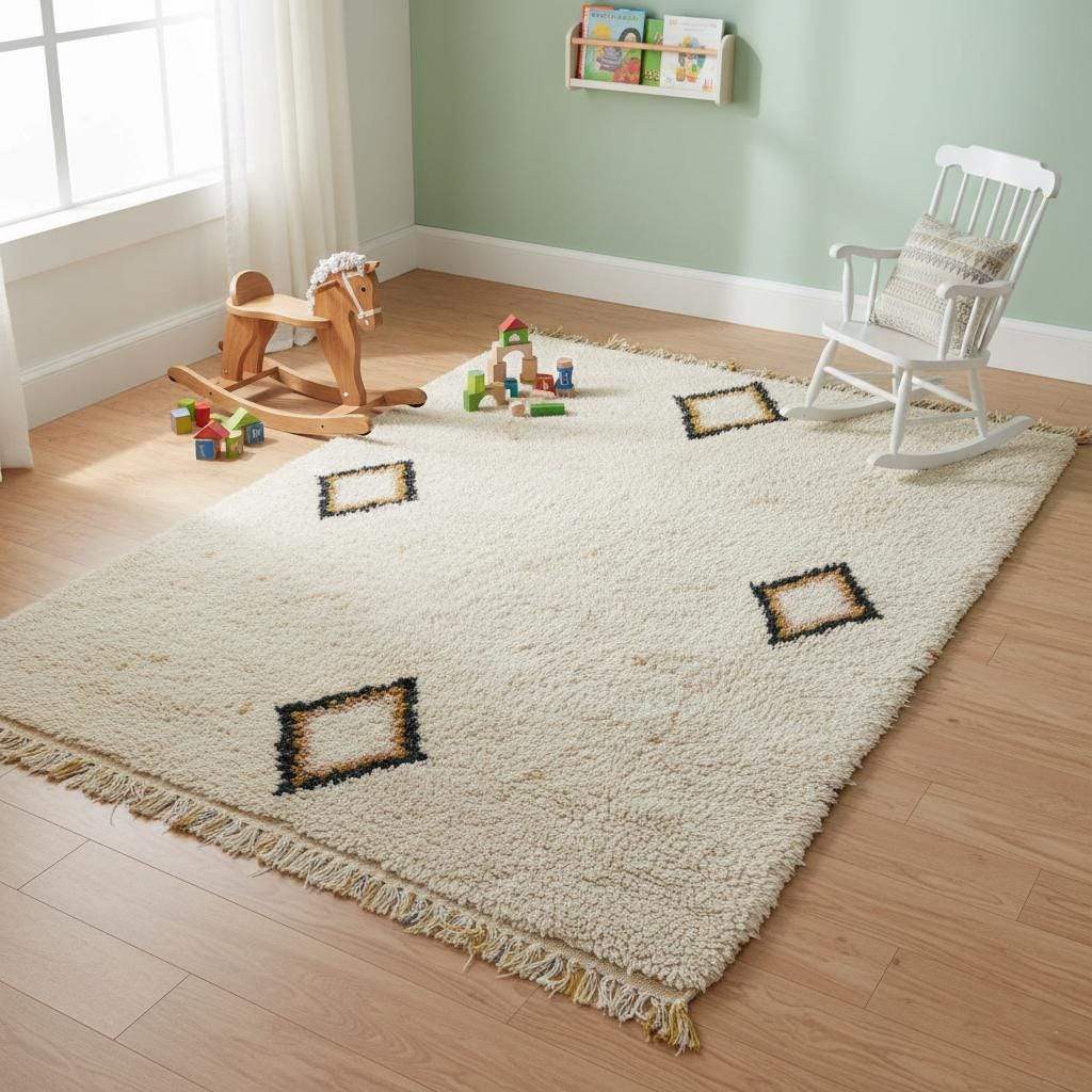 Cream wool Beni Ourain rug with Moroccan diamond design and plush shag texture for boho and minimalist decor