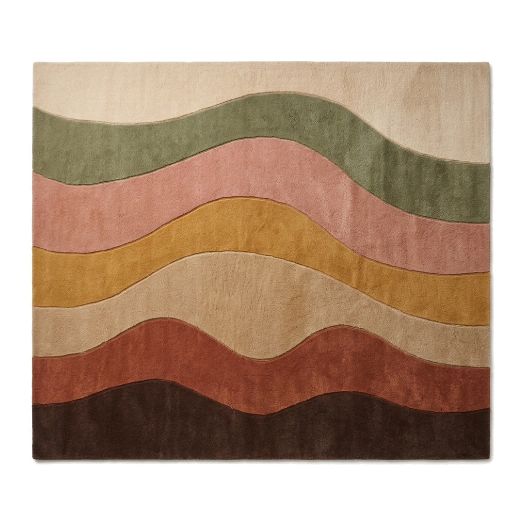 Desert Wave Rug with flowing bands of olive, blush, mustard, sand, terracotta and chocolate brown in plush wool