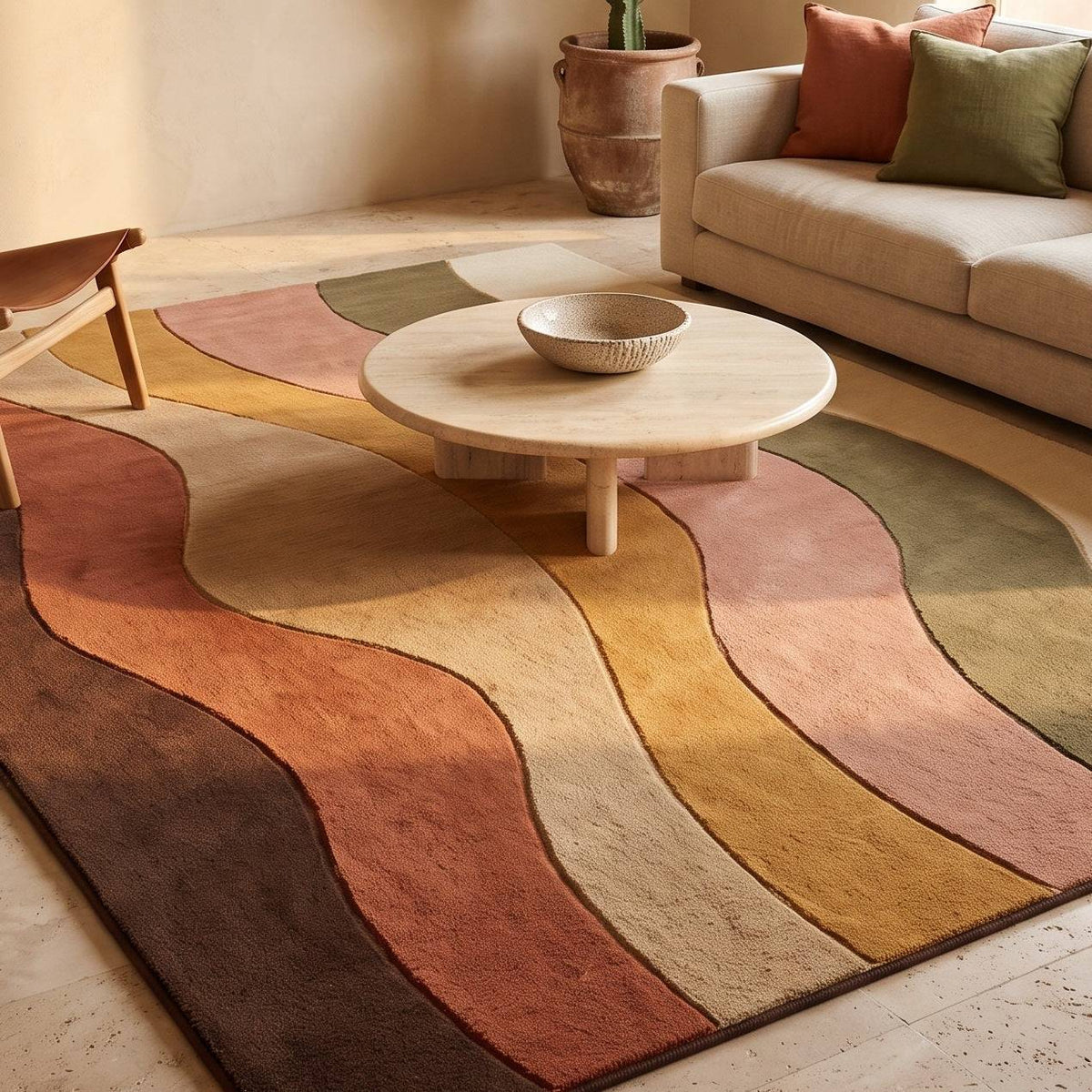 Desert Wave Rug in plush wool with flowing terracotta, blush, sand, mustard, olive and brown bands and carved edges