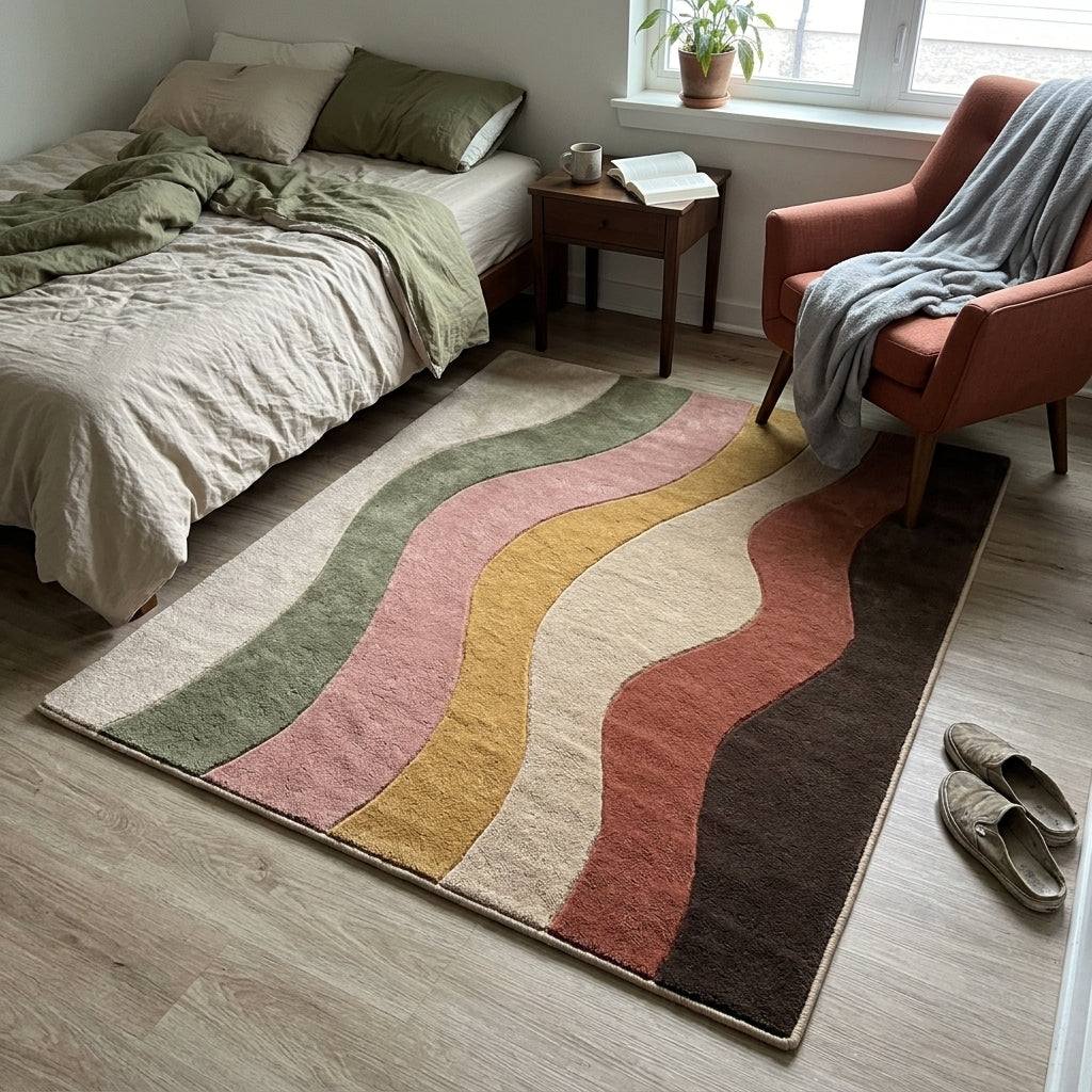 Desert Wave Rug in wool with flowing carved bands of sage green, blush pink, mustard, cream, terracotta and brown