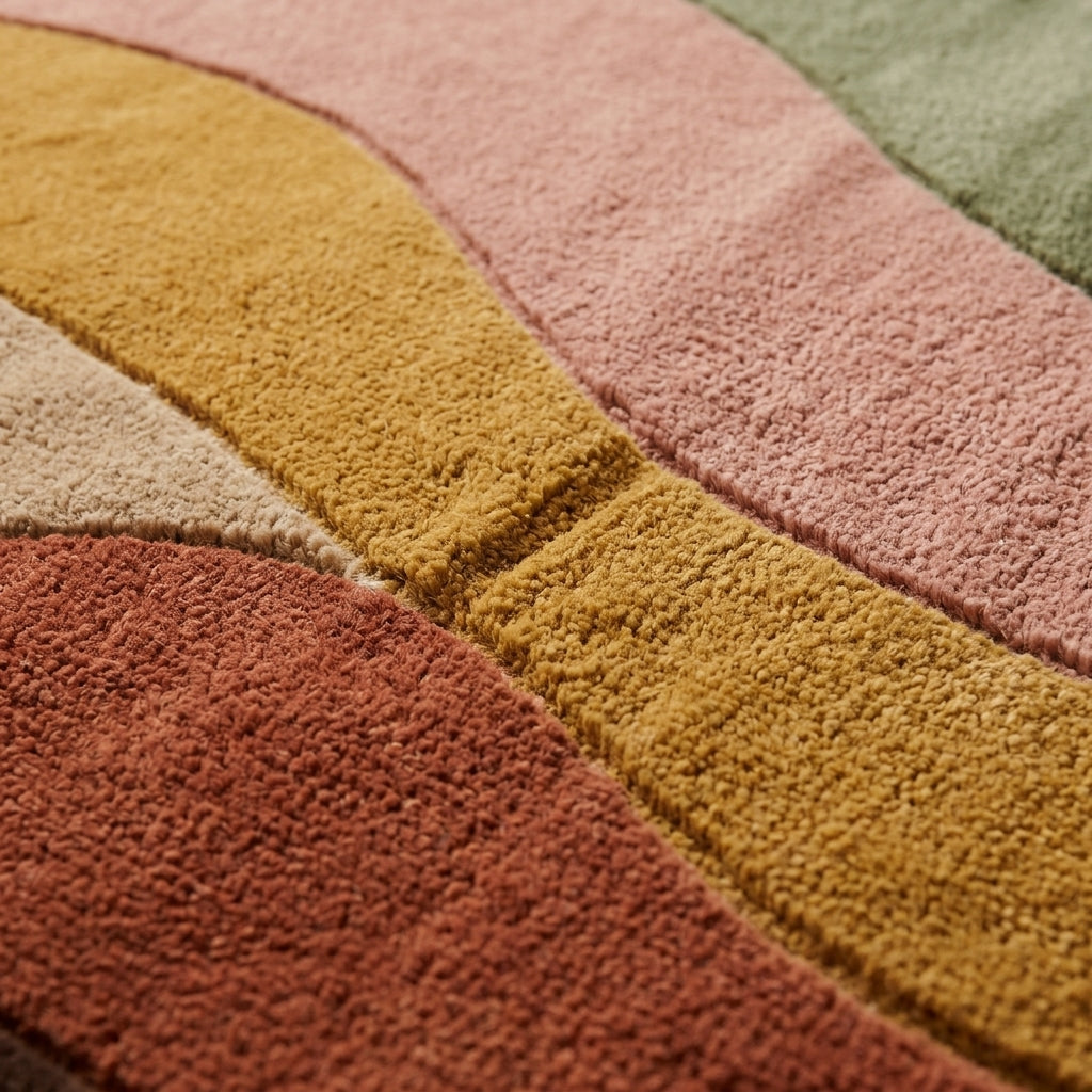 Desert Wave Rug with plush wool pile in terracotta, mustard and blush pink, shaped into flowing bands with carved lines
