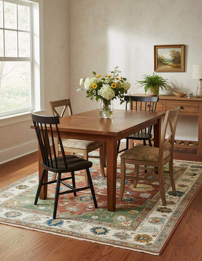 Distressed terracotta medallion rug with vintage Oushak floral and vine patterns in warm earthy tones and teal accents