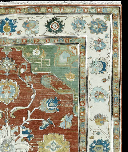 Distressed terracotta medallion rug with vintage Oushak design and teal accents