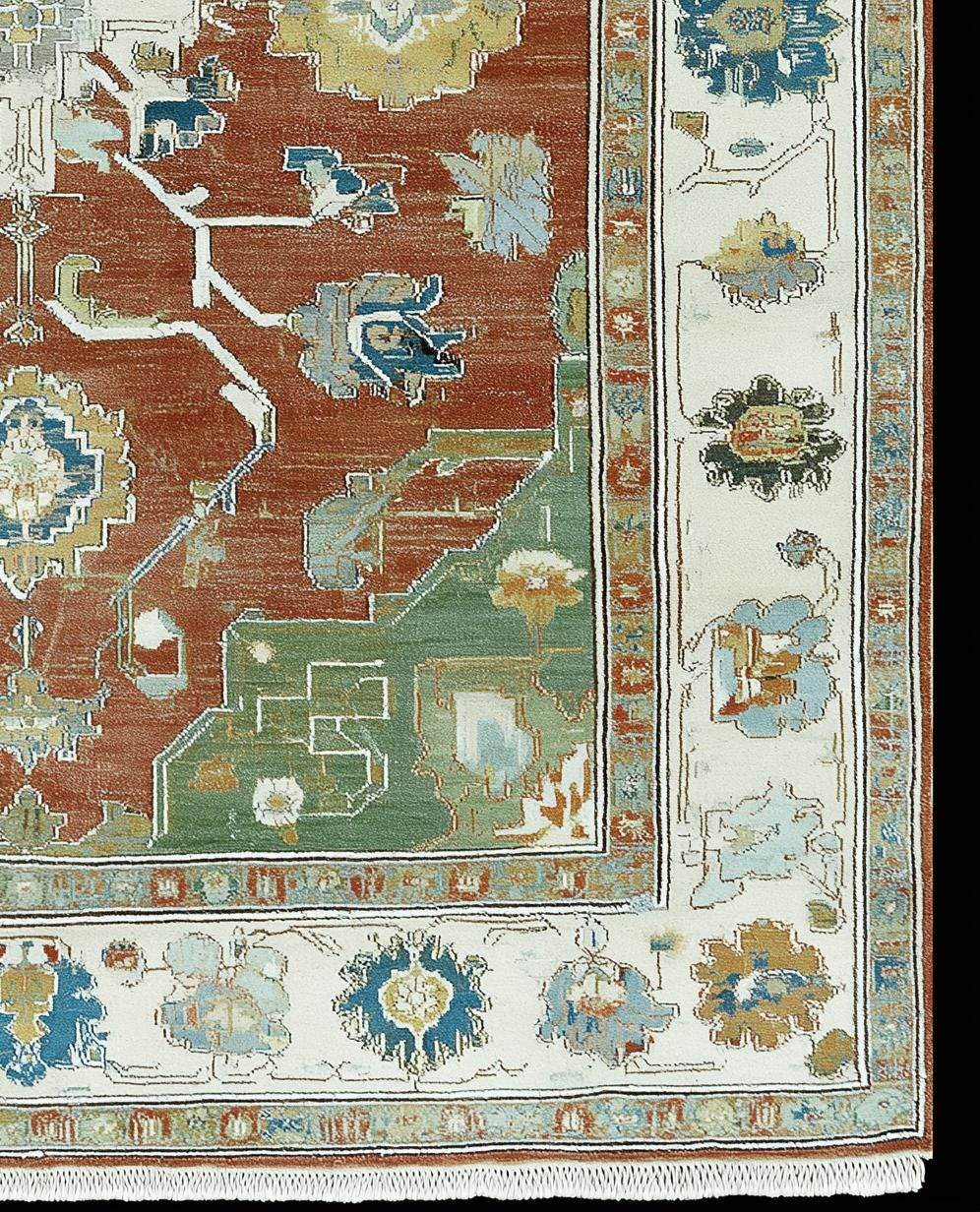 Distressed terracotta medallion rug with vintage Oushak design and intricate floral borders