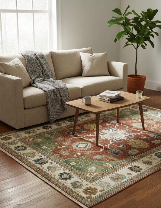 Vintage-style distressed terracotta medallion rug with floral and vine motifs in Oushak design