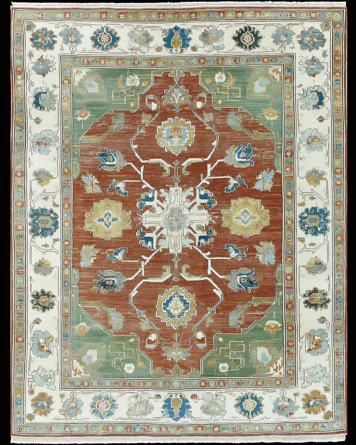 Terracotta Teal Medallion Area Rug. Vintage Oushak style Turkish rug for living room decor.
