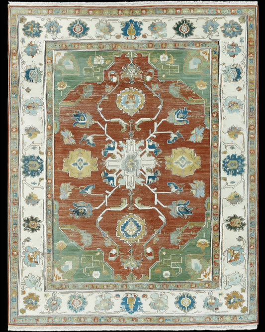 Terracotta Teal Medallion Area Rug. Vintage Oushak style Turkish rug for living room decor.