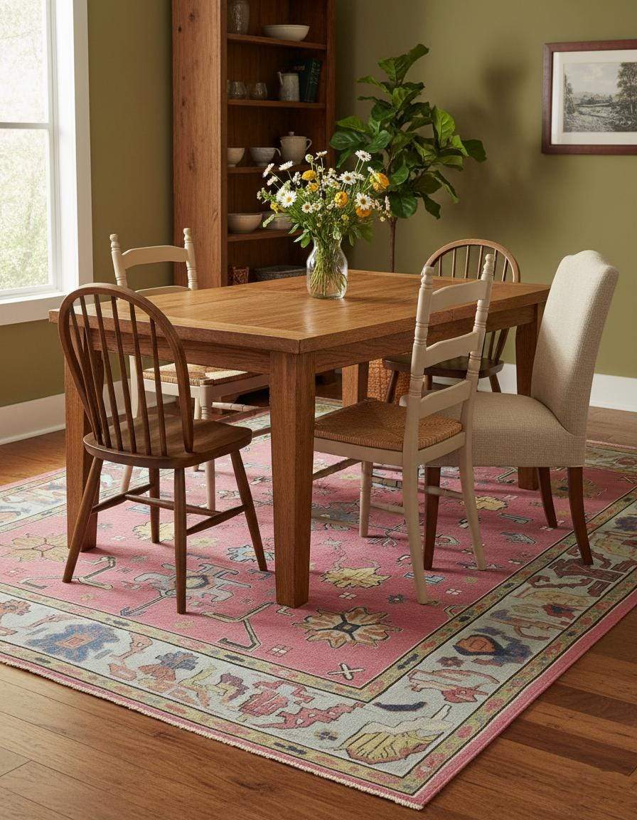 Dusty Rose Oushak Rug with hand-tufted wool and floral geometric design in dusty blue and pink tones