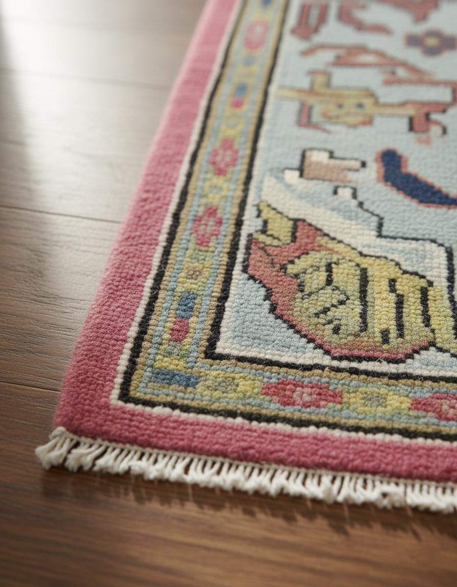 Dusty Rose Oushak Rug with hand-tufted wool floral and geometric pattern in dusty blue and pink tones