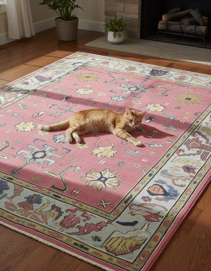 Dusty Rose Oushak Rug with hand-tufted wool floral and geometric patterns in dusty blue, blush pink, and cream colors