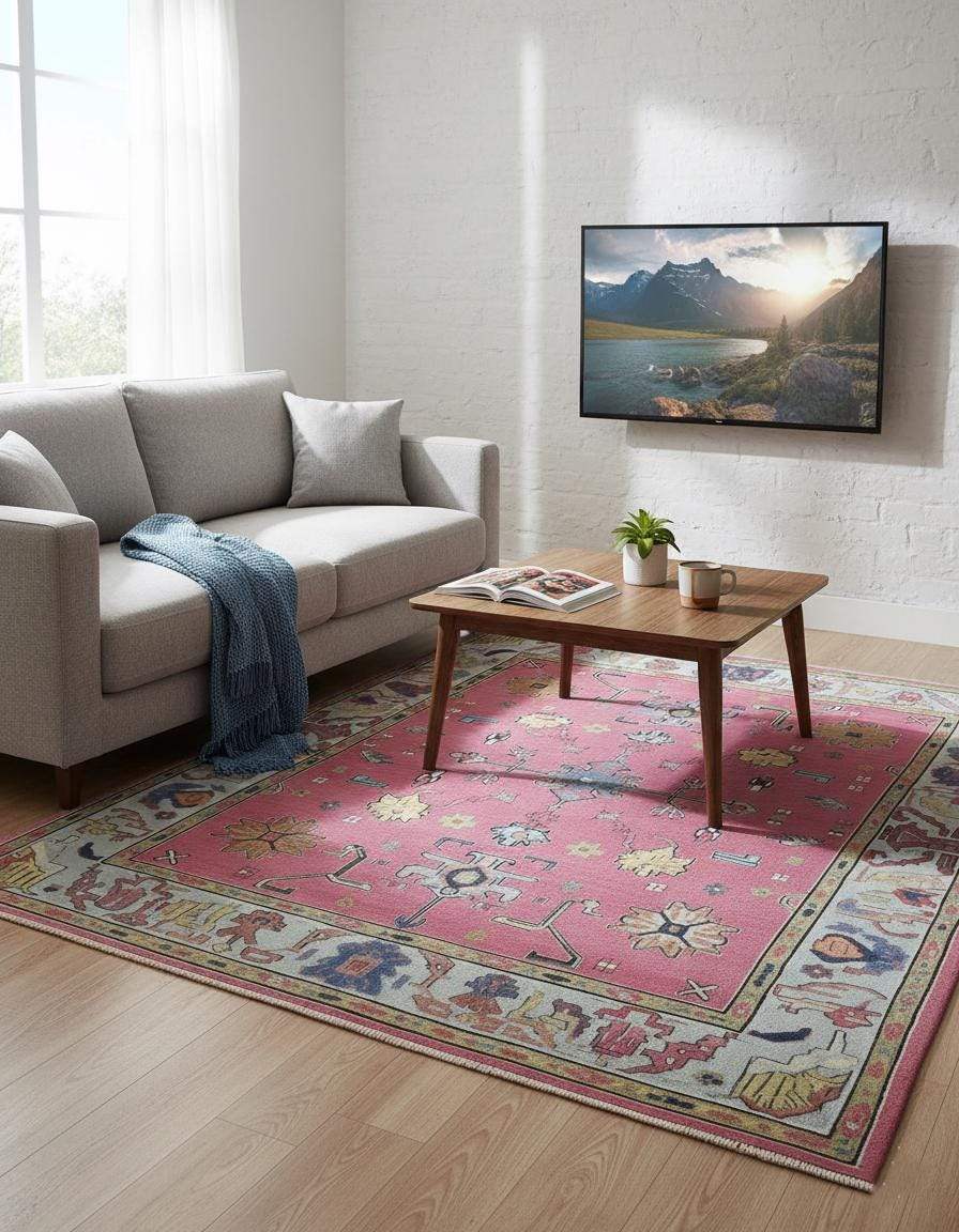 Dusty Rose Oushak Rug with hand-tufted wool floral and geometric patterns in dusty blue and pink tones