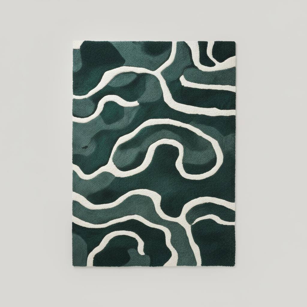 Emerald green wool rug with abstract cream wavy lines, Scandinavian modern decor