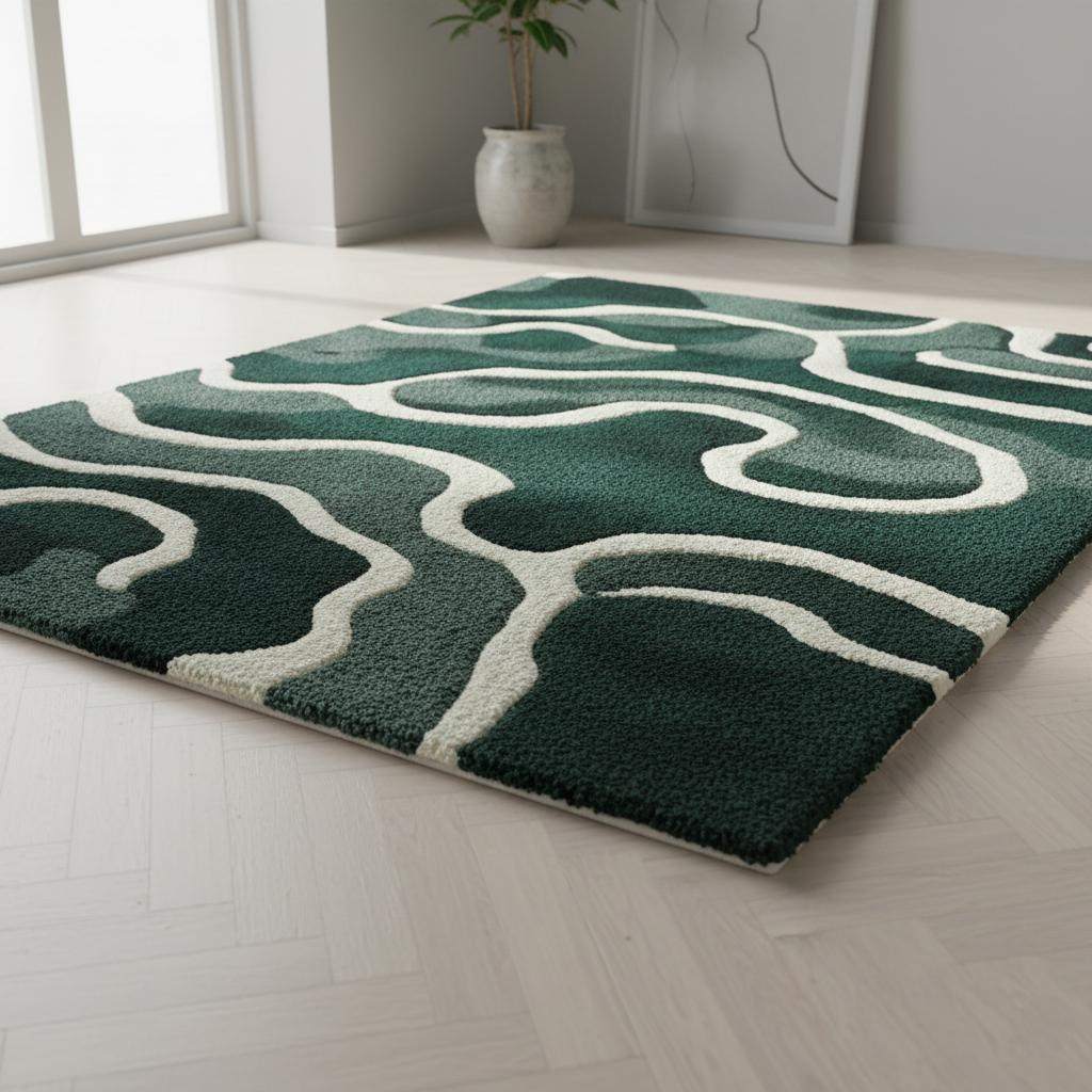 Emerald green wool rug with abstract cream wavy lines in Scandinavian style
