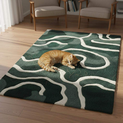 Emerald green wool rug with abstract cream wavy lines in Scandinavian style