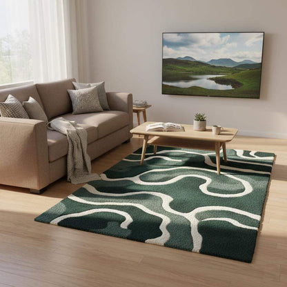 Emerald green wool rug with abstract cream wavy lines, Scandinavian style decor piece