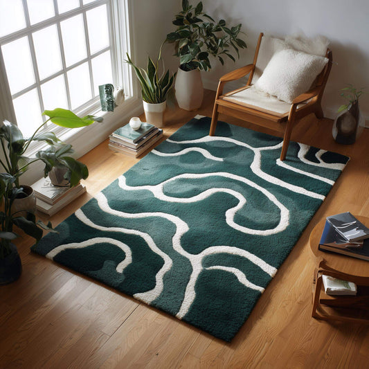 Emerald green wool rug with abstract cream wavy lines, soft wool-blend pile, Scandinavian decor style