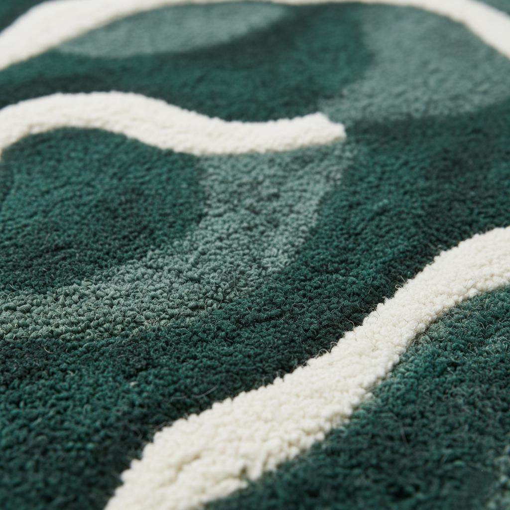 Emerald green wool rug with abstract cream wavy lines in Scandinavian style living room setting