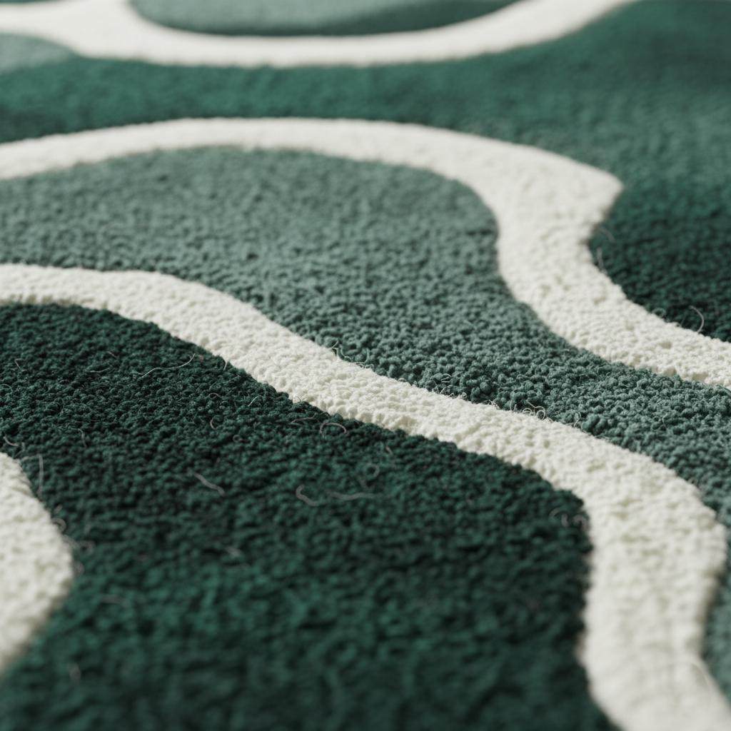 Emerald green wool rug with abstract cream wavy lines in Scandinavian style