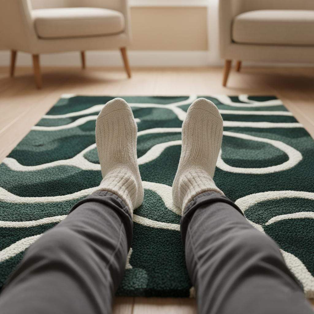 Emerald green wool-blend rug with abstract cream wavy lines, Scandinavian modern decor, cozy and durable textile for living rooms and nurseries
