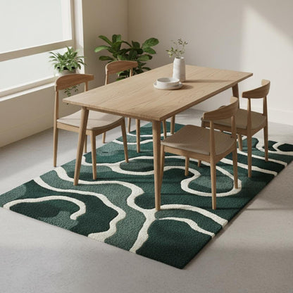 Emerald green wool rug with abstract cream wavy lines in Scandinavian style living room