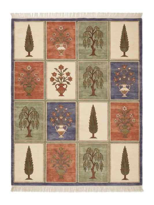 Garden Panel Rug in wool with a grid of cypress trees, willows and flower vases in terracotta, sage, ivory and blue