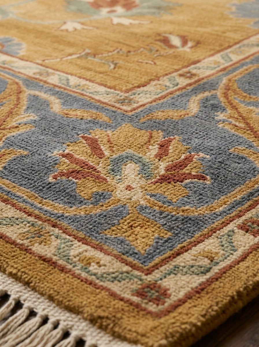 Gold Oushak Rug in hand-knotted wool with a slate blue floral border, golden mustard field, and cream fringe