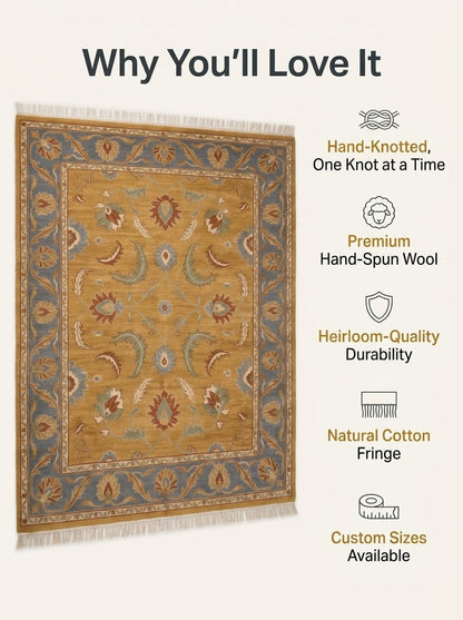 Gold Oushak Rug in golden mustard wool with slate blue floral border, ornate motifs and natural cotton fringe