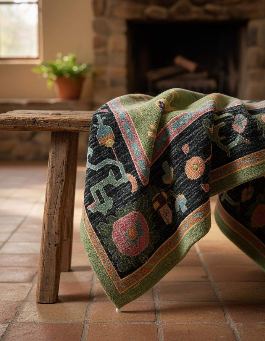 Green abstract knotted area rug with geometric multicolor motifs in retro boho style