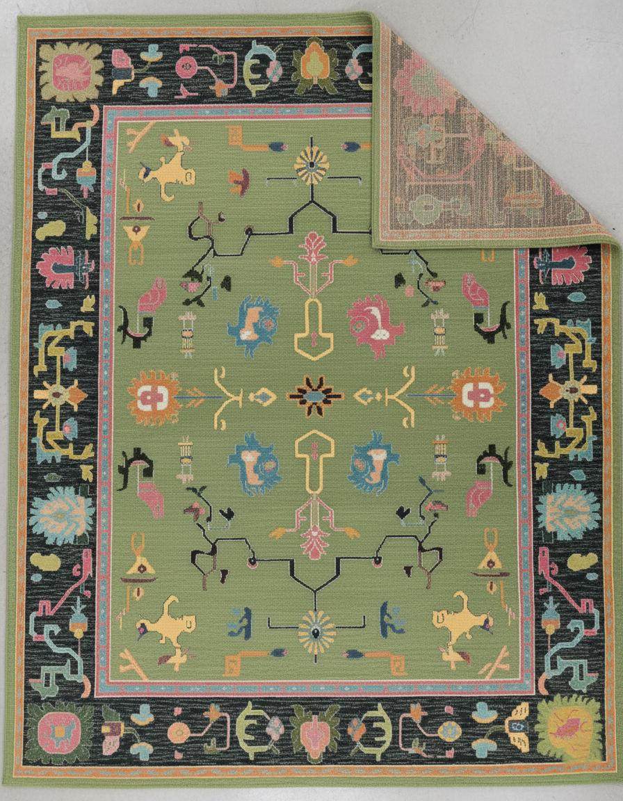 Green abstract knotted area rug with multicolor geometric motifs and retro boho style in rectangular shape