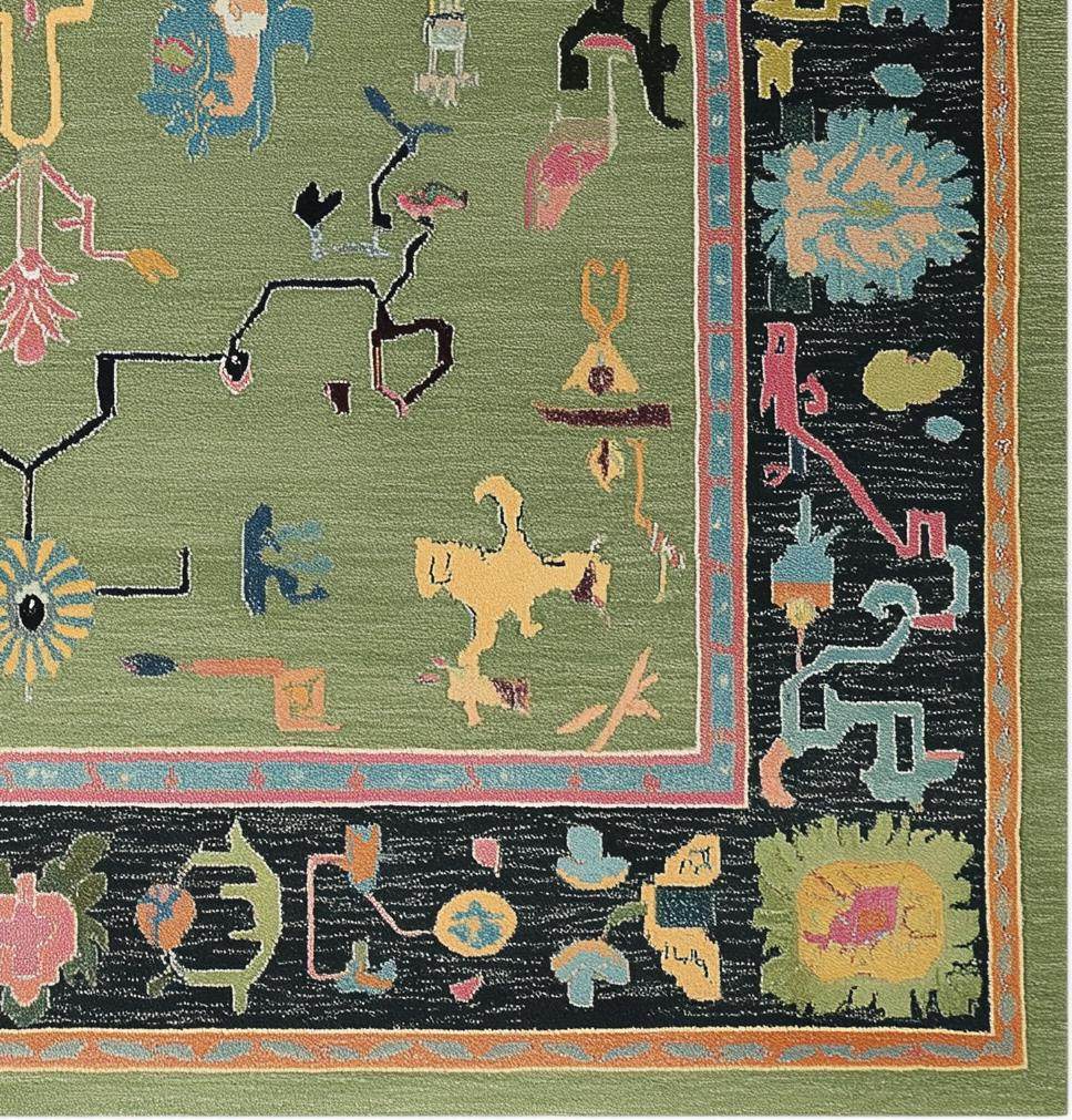 Green abstract knotted area rug with geometric multicolor motifs and retro boho style in rectangular shape