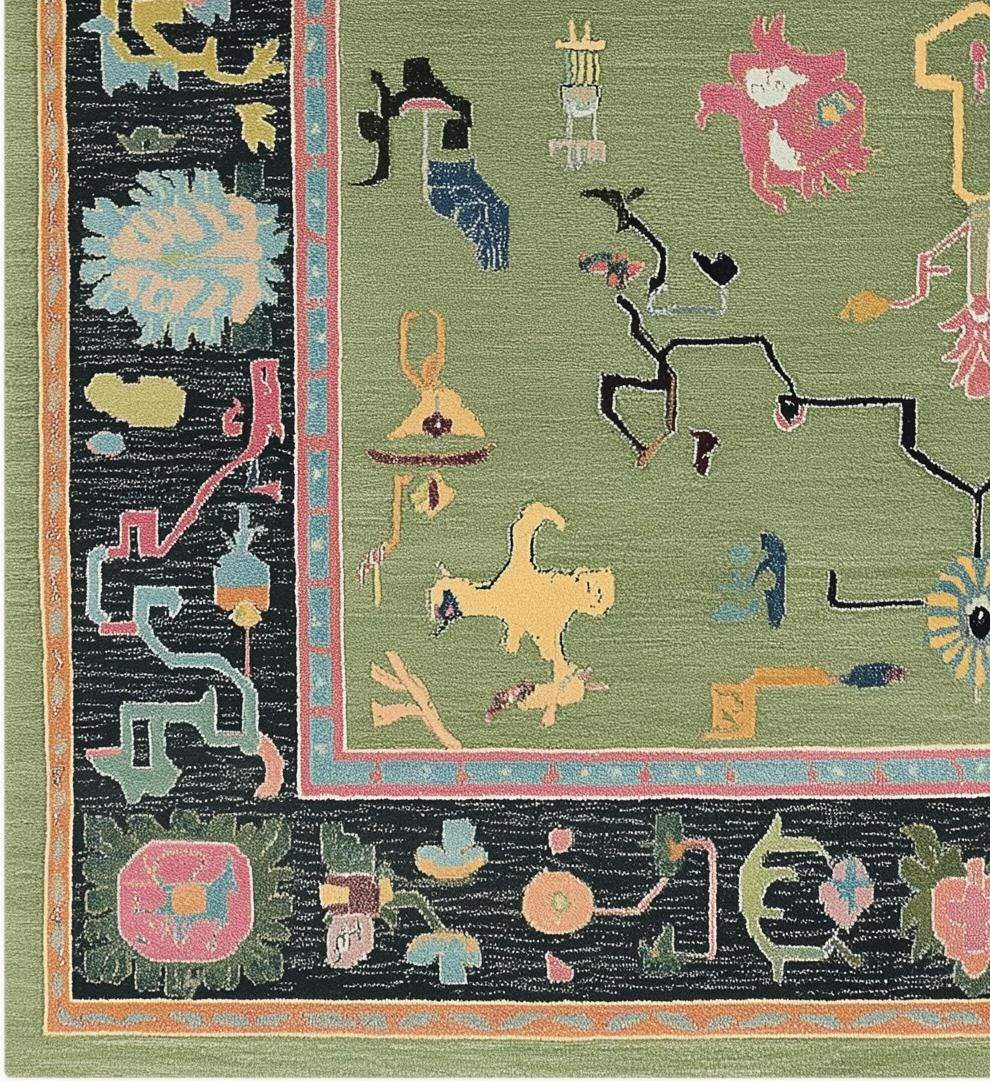 Green abstract knotted area rug with geometric multicolor motifs and retro boho style in various rectangular sizes