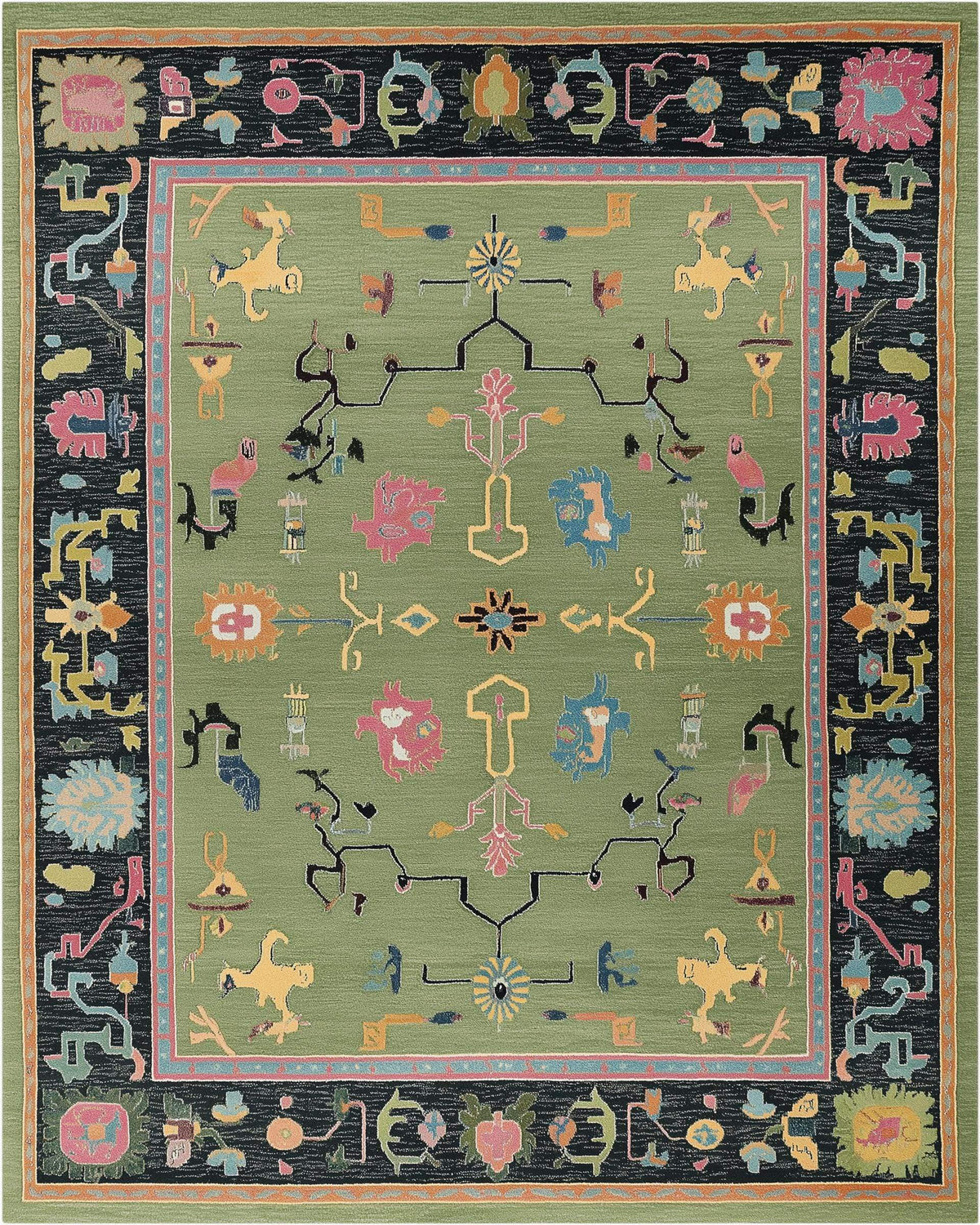 Green abstract knotted area rug with geometric multicolor motifs and retro boho style rectangular design