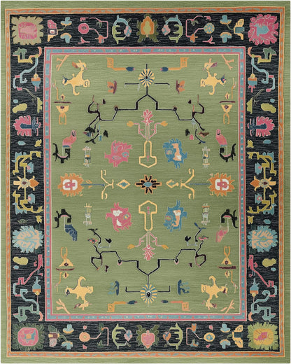 Green abstract knotted area rug with geometric multicolor motifs and retro boho style rectangular design