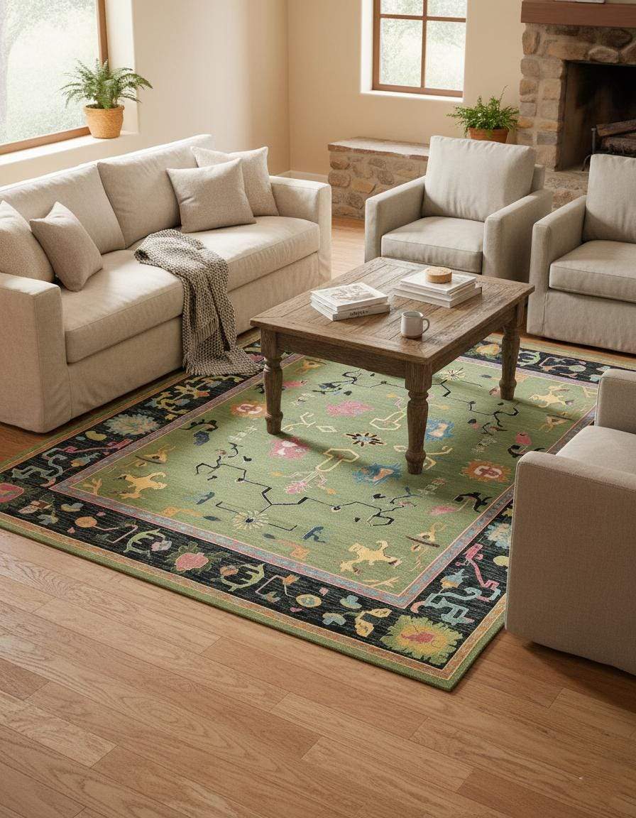 Green abstract knotted area rug with geometric and multicolor motifs in a rectangular retro boho style