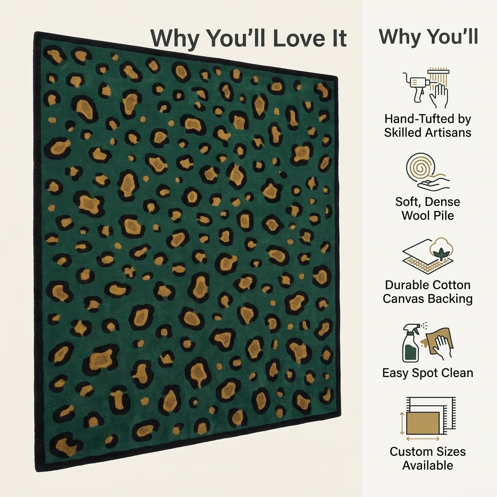 Green Leopard Rug with dark green ground, irregular black spots and ochre centres, finished with a black border