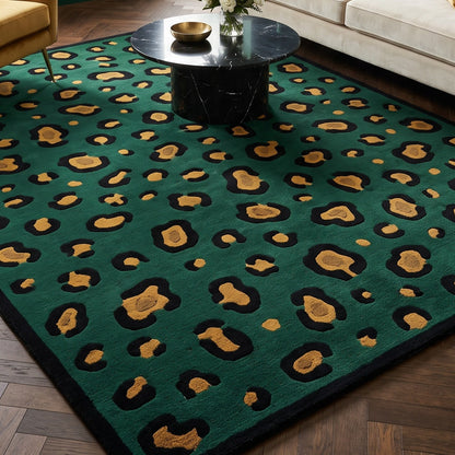 Green Leopard Rug in deep emerald green with black and golden ochre spots, finished with a solid black border