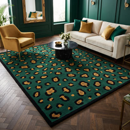 Green Leopard Rug with a deep emerald ground, black and ochre rosette pattern, and a solid black border